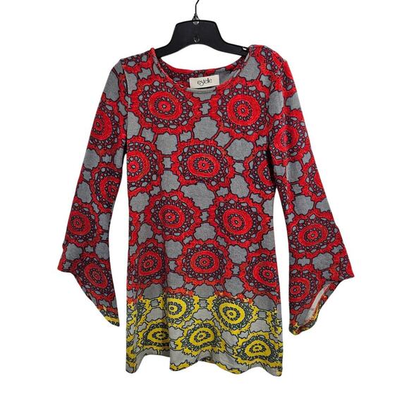 Estelle 60s Style All Over Print Round Neck Flare Sleeve A-line Dress Size Small - Picture 1 of 6